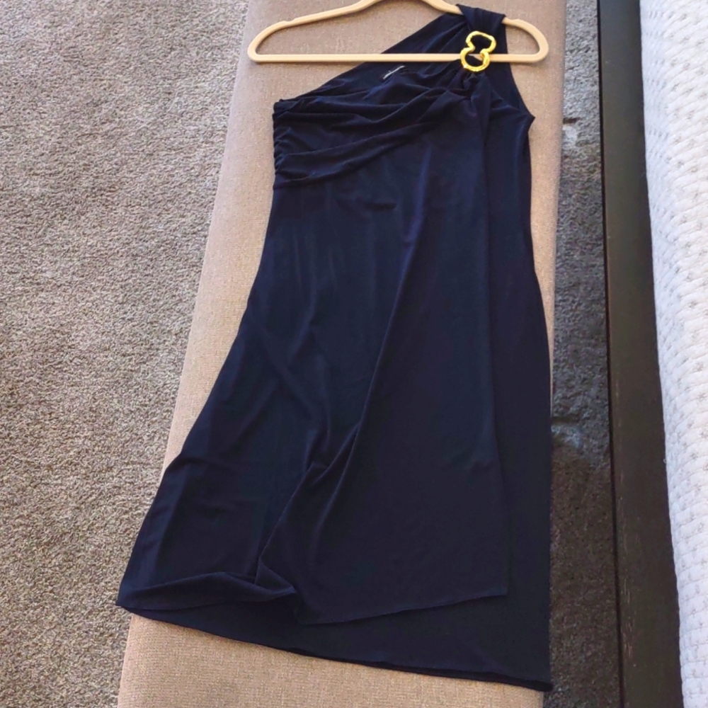 One shoulder(gold key hook design), navy blue, below the knee dress
